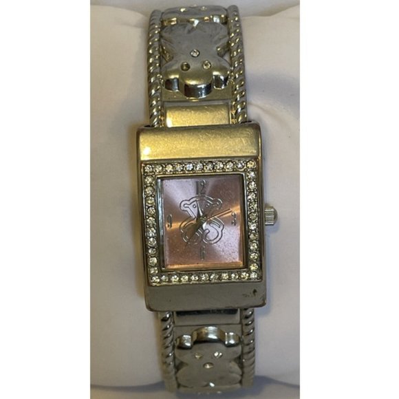 Silver Tone Pink Dial Monkey and Crystals Womens Cuff Watch Bracelet New Battery - Picture 2 of 10